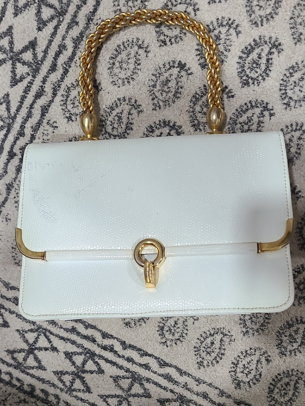 Vintage White Top-Handle Satchel with Gold Chain Accent